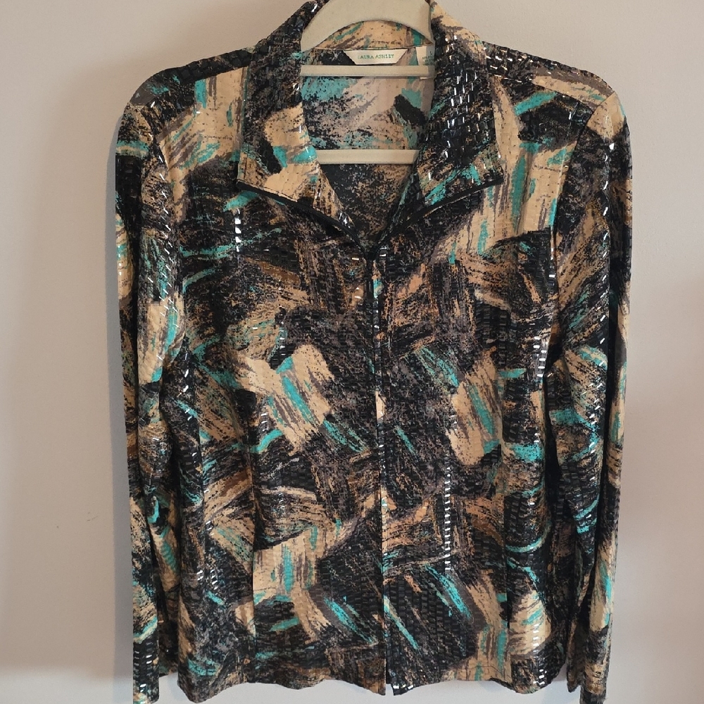 Laura Ashley Abstract Brushstroke Sequin Jacket in Black, Teal, Cream